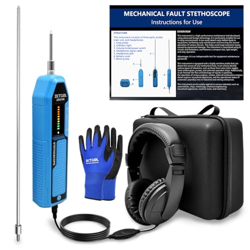 ZKTOOL Automotive Electronic Mechanics Stethoscope Electronic Ear Diagnostic Device Kit EM410, with Short and Long Probe, Headphones, Engine Noise Finder Detector Tester, Frequency Range 20Hz~20KHz