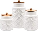 American Recreations Embossed Faceted Canister White Ceramic Set of 3 Round Jars with for Kitchen -