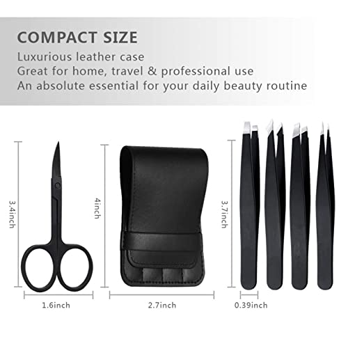 Tweezers Set 5 In 1, Stainless Steel Tweezers And Eyebrow Scissors,Great Precision For Facial Hair, Splinter And Ingrown Hair Removal Black Eyebrow Tweezers #TOP1