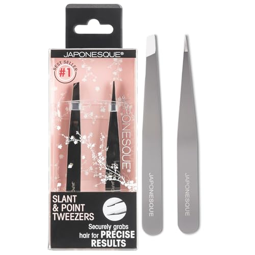 JAPONESQUE Slant and Point Tweezers Set, for Defining and Shaping Brows, Made with Hand-Sharpened Stainless, Ideal for Travel