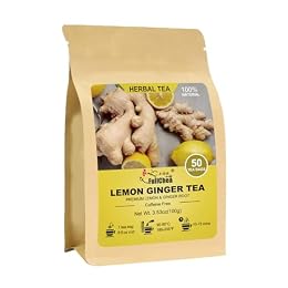 FullChea Lemon Ginger Tea Bags, 50 Counts, Non-GMO, Caffeine-Free