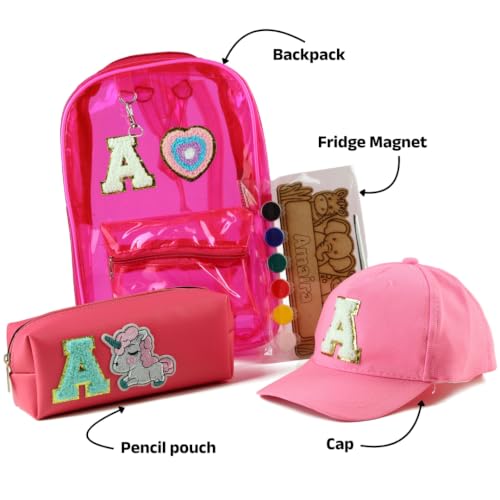 Image of AICA Gifts Personalized Kids Backpack, Pencil Pouch & Cap Combo | Name Embroidered Letters & Patch PVC Bag | Waterproof School Set with DIY Colouring Kit for Boys & Girls 2-10 Years (Pink)