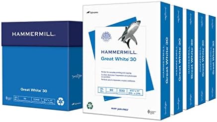 Hammermill Printer Paper, Great White 30% Recycled Paper, 8.5 x 11 - 5 Ream (2,500 Sheets) - 92 Bright, Made in the USA