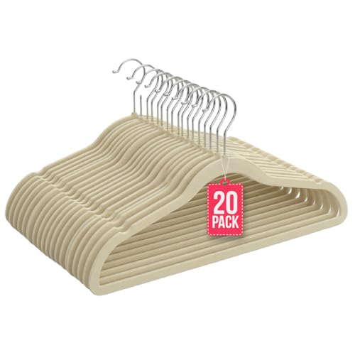 COM-FORT HOUSE- Perchas Terciopelo Antideslizantes- Pack 20 Unidades- Color Beige- Diseño Ultrafino Ahorra Espacio - Gancho Giratorio 360° - para Trajes, Vestidos, Camisas