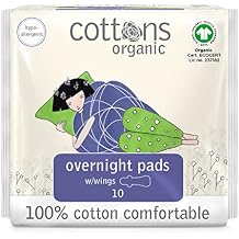 Cottons Organic Overnight Pads with Wings | 10-Individually Wrapped Pads | Unscented | Chlorine Free | Certified Organic Cotton | Maximum Overnight Absorbency 1 Pack of 10
