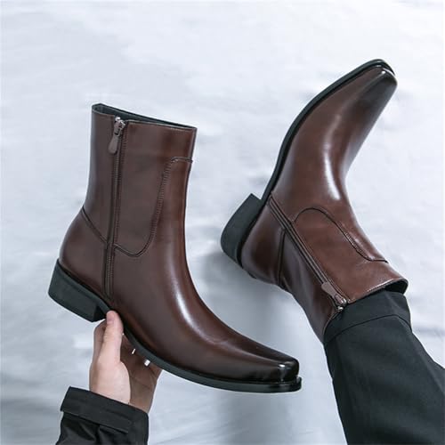Mens Leather Pull On Low Chunky Heels Square Toe Dress Western Chelsea Boots Casual Ankle Cowboy Boots with Side Zipper & Buckles for Prom Formal Party Working Business 6
