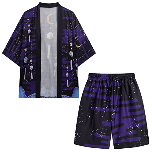 Image of PRIJOUHE Mens Kimono Set Japanese Haori & Shorts 2 Piece Summer Outfits | Silky Polyester 3 /4 Sleeve Yukata Cardigan Suit Loose Happi Coat Elastic Waist Beach Casual Daily Vacation Lounge Sleepwear