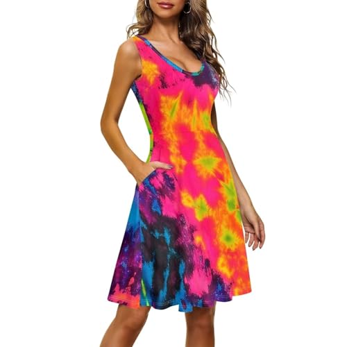 Image of TOADDITDO Women's Sleeveless O Neck Beach A-Line Party Coctail Tank Dresses Flared Sundress