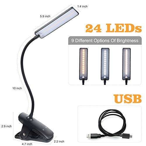 Image of LED Reading Light with Clip USB Rechargeable Book Lights, 24 LEDs Flexible Neck Night Bed Lamp, Touch Control Portable Clamp Desk Lamps for Bed Headboard, Computers -Black