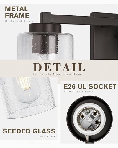 Image of Beionxii Bathroom Vanity Lights, 3-Light Vintage Wall Sconce Light Fixtures, Oil Rubbed Bronze Finish with Clear Seeded Glass (24.5 inch W x 8.7 inch H) - MB9002 Series