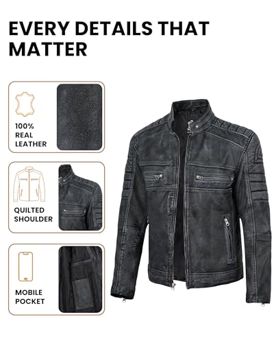 Image of Decrum Cafe Racer Leather Jacket for Men - Real Lambskin Motorcycle Style Mens Jacket with Zipper Closure