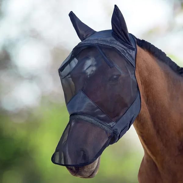 Horse Master Horse Fly Mask, Mesh Long Nose with Ears, Full Face, Black, Protection from Insect Pests (Pony)