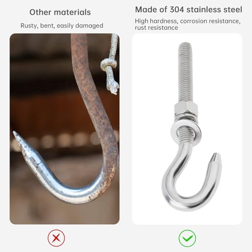 Image of 2Pcs M12 Stainless Steel Eye Bolt with Nut and Washers Long Shank Threaded Rod Round Hook Eyelet Bolt Screw (Hook Head)