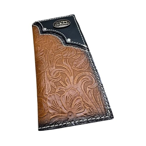 Men’s Long Leather Wallet – Cowboy Praying at Cross Concho – Two-Tone Brown & Black Floral Tooled – Made in Mexico – Western Christian Gift for Cowboys