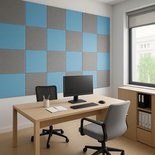 Image of MMT Acoustix Premium Felt Acoustic Panels for Offices, Bedrooms & Studios | Sustainable PET Felt Panels for Echo Reduction & Sound Absorption | 1x1 Ft, 9mm Thick | Silver Sky - Pack of 16