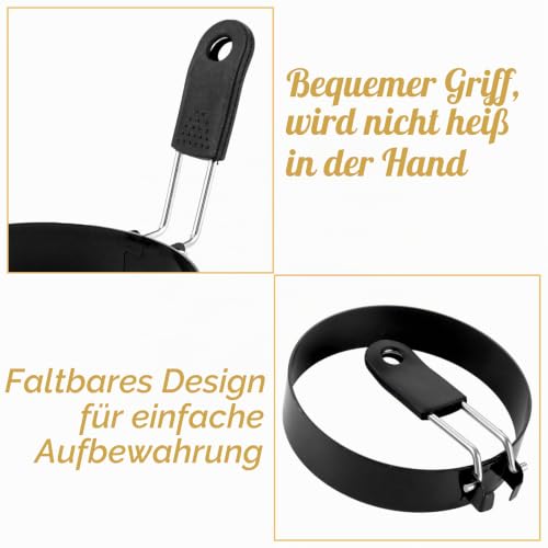 Foto von LDXDRU 6 Spiegeleiform Schwarz Spiegeleierformen für Die Pfanne 9cm/3,5Zoll Edelstahl Spiegeleiform Ei Ring Eierformer zum Kochen von Spiegelei, Pfannkuchen, Omeletts und mehr, Antihaftbeschichtung