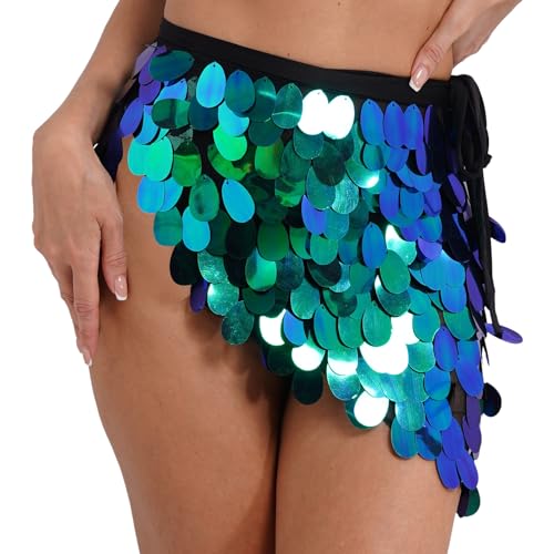 Sywiyi Damer paljettkjol kort glitter omlottkjol gradient höftduk sexig magdans kjol sjöjungfru outfit danskostym, Grön och blå, XL