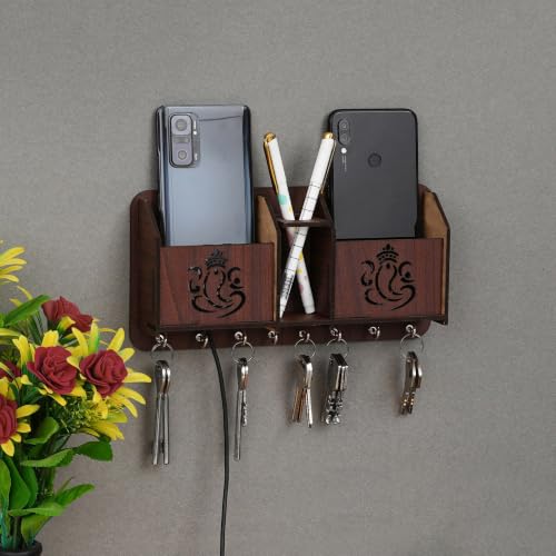 Image of CAPIO ART Wooden Wall Mounted Key Holder with 8 Hooks & Ganesha Design