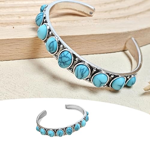 5Pcs Turquoise Bracelets Set for Women Turquoise Cuff Bracelets for Women Adjustable Silver Bangle Bracelets for Women Cowgirl Stackable Bracelets Boho Western Jewelry for Women4