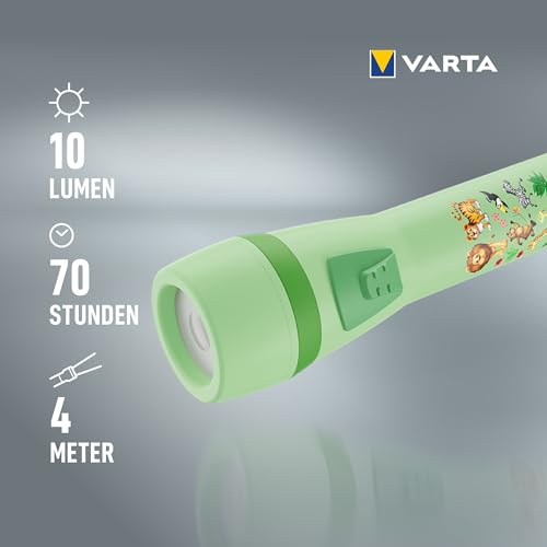 Varta Taschenlampe für Kinder inkl. 2x AA Batterien, Kids Leuchte, kleine Kindertaschenlampe Dschungel Design mit Tieren, Taschenleuchte, grün