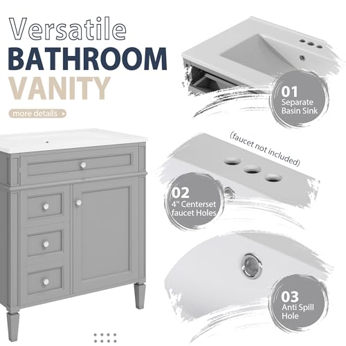 Image of Merax 30 Inch Bathroom Vanity with Sink Set, Modern Bathroom Vanity Storage Cabinet with Matching Mirror Medicine Cabinet, Solid Wood Frame,Painted Finish, 2 Drawers and 1 Tip-Out Drawer, Grey