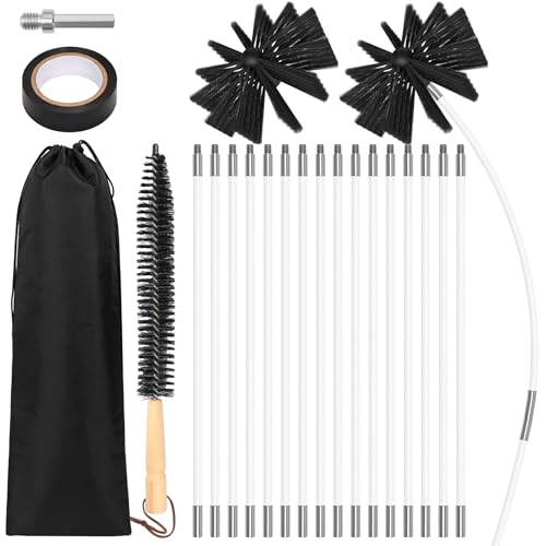 Newthinking 24 PCS Chimney Cleaning Brush Kit Duct Vent Rotary Cleaning Tools with 18 Flexible Nylon Rods and 2 Nylon Brush Heads for Flue Fireplace Pipe Including Long Wood Brush and Storage Bag