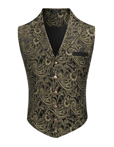 Coofandy Victorian Vest Men Paisley Formal Waistcoat Suit Vest Tuxedo Vest Steampunk Vests For Suit Tux Prom Wedding Party Gold, Medium #TOP1