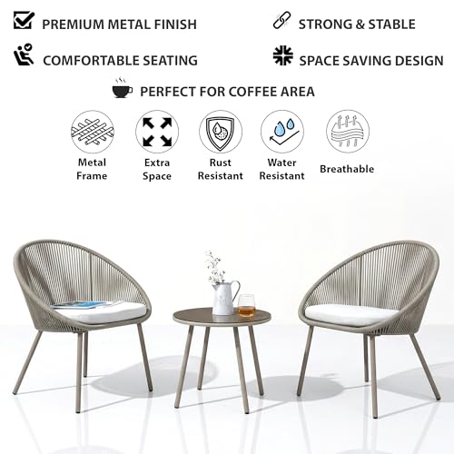 Image of BRISHI Garden Patio Seating Chair and Table Set Outdoor Balcony Garden Coffee Table Set Furniture with 1 Table and 2 Chairs Set with Cushion Braid & Rope (Light Grey.)