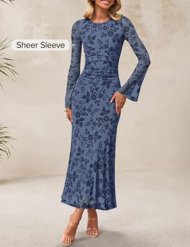 ZESICA Women's Long Sleeve Floral Bodycon Dress 2025 Fall Fashion Ruched Mesh Wedding Guest Cocktail Party Maxi Dresses - Image 3