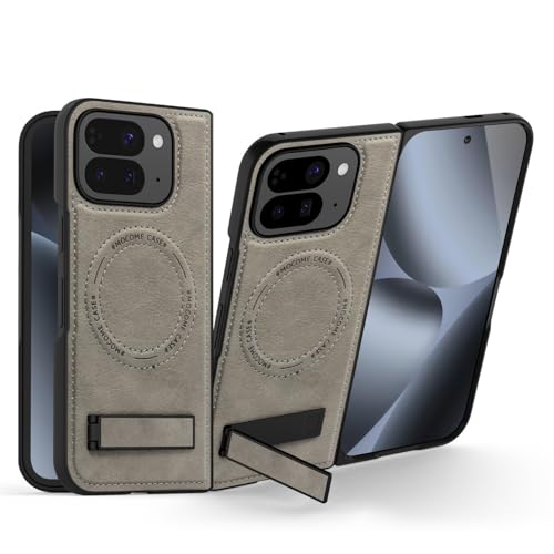 Étui en cuir Pixel 10 Pro Fold gris avec support magnétique élégant