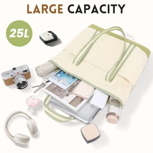 Image of Large Canvas Tote Bag for Women, Beach Bag with Zipper, Utility Tote Bag with 3 Front Pockets, Weekender Pool Bag