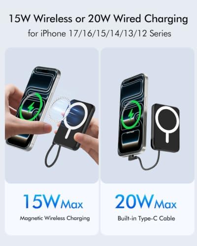 for Magsafe Power Bank 5000mAh, Slim Magnetic Portable Charger | Built-in USB-C Cable, Travel Essentials 20W PD Fast Charging, Wireless Battery Pack for iPhone 17/16/15/14/13/12 Series