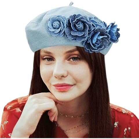 Gllutt Denim Beret Hat for Women Summer Thin Artist French Beret Hat Size Adjustable (Denim Flowers-Light Blue) Cover
