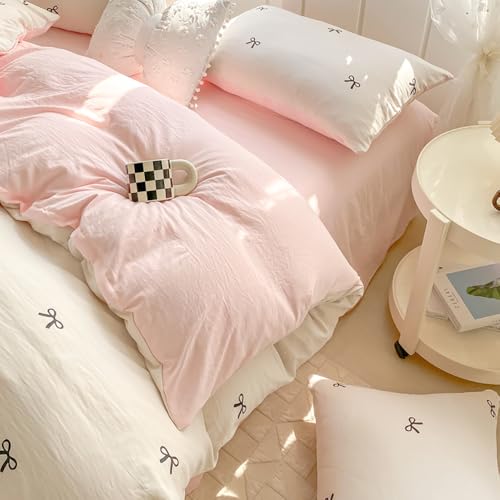 Image of Nayoroom Bow Duvet Cover Queen Size Reversible Pink Coquette Duvet Cover 3 Pieces Soft Lightweight Microfiber Kids Girls Cute Aesthetic Dorm Bedding Set, White /Pink