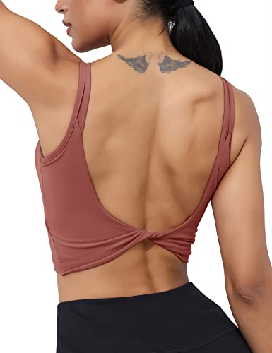Image of LUYAA Womens Workout Sports Bras Backless Padded Yoga Tank Tops Crop Twist Low Back Cami Bra for Gym