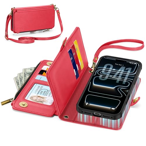 Étui cuir iPhone 17 Pro rouge RFID portefeuille avec fermeture magnétique