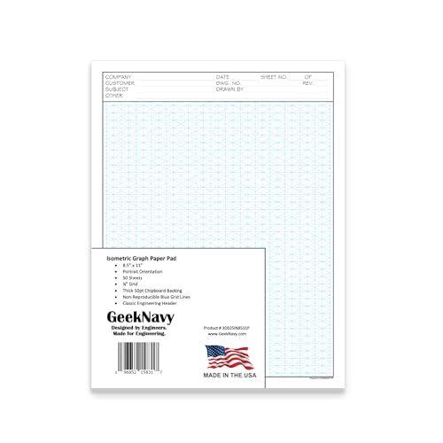 GeekNavy 8.5' x 11' Isometric Graph Paper 50 Sheets Portrait - 0.25' Grid, Non-photo Blue, High...