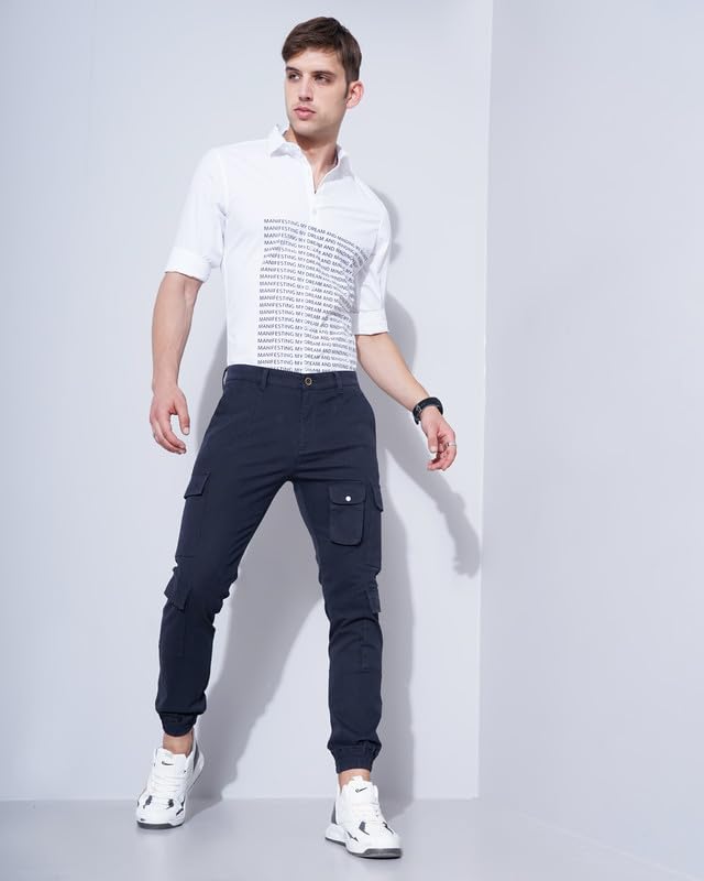 Image of British Club 98% Cotton, 2% Elastane Slim Fit Cargo Jogger Pants | Flat-Front Design | Adjustable Waistband | Multiple Pockets | Lightweight Fabric | Modern Style | Comfortable | Durable Black