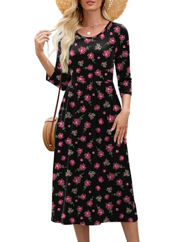 Image of Heymoments Women's Casual 3 /4 Sleeve Midi Dress Crewneck A Line Tiered Flowy Loose Travel Long Dresses with Pockets