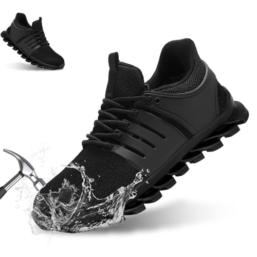 Zapatos de seguridad para hombre, impermeables, puntera de acero, deslizantes, ligeros, industriales, Black, 46 EU