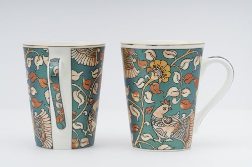 Image of GOLDEN QUEEN'S Mugs Set Of 2 For Coffee, Tea, Milk - Ideal For Your Daily Beverage Ritual, Hosting & Casual Gatherings | 24 K Gold On Rim - Kalamkari Hues In Green, 300 Ml