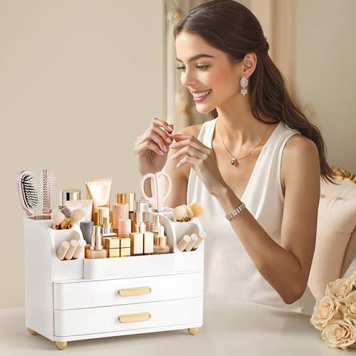hblife Makeup Kosmetik Organizer mit Schubladen, Pinsel Organizer, 3-in-1 Plastic Kosmetik Aufbewahrungsbox, Schmink Aufbewahrungskasten Große Lagerung für Badezimmer, Dresser Skincare