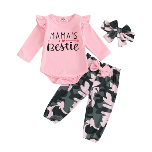 Kupretty Baby Girl Clothes Infant Fall Winter Outfit Long Sleeve Ruffle Romper Bodysuit + Camouflage Pants + Headband Set (Pink, 6-12 Months)