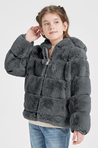 Image of Giolshon Girls Faux Fur Fleece Jacket Sherpa Fuzzy Hoodie Winter Coat with Full Zip Fluffy Outerwear 2169
