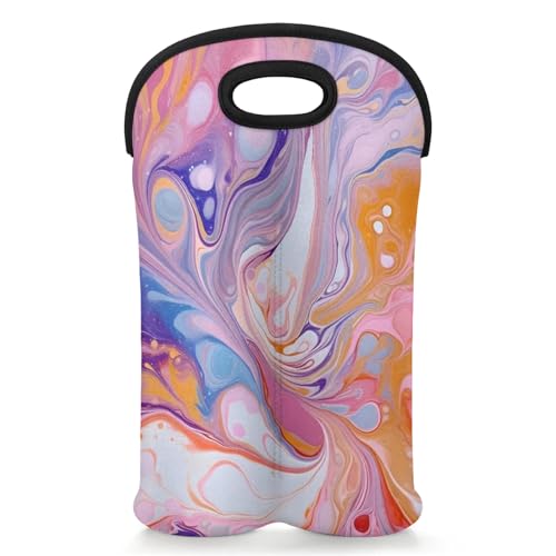 GzLeyigou 2 Bottles Rainbow Wine Bag Sleeve Totes Marble Texture Neoprene Protective Wine Carrier Bag for Wine,Water, Champagne, Beer, Baby Bottles,Gift 14.5 x 10 Inches