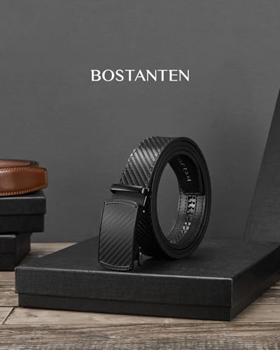 Image of BOSTANTEN Ratchet Belts for Men Leather Trim to Fit 1 3 /8 inch Gift Boxed | Micro-Adjustable Buckle, Tailored Size, Holeless, Versatile for Dress Casual, Effortless Style