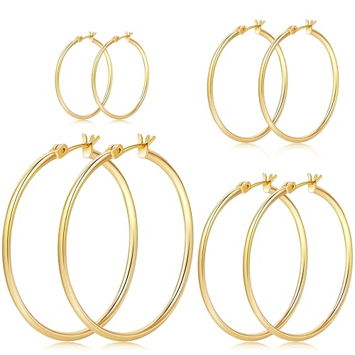 Gokeey Goldenes Creolen-Set für Damen 14 Karat echtvergoldet mit S925 Sterlingsilber hypoallergen dünne Creolen Goldohrringe für Frauen trendiger Schmuck Geschenke Messing Kein Edelstein