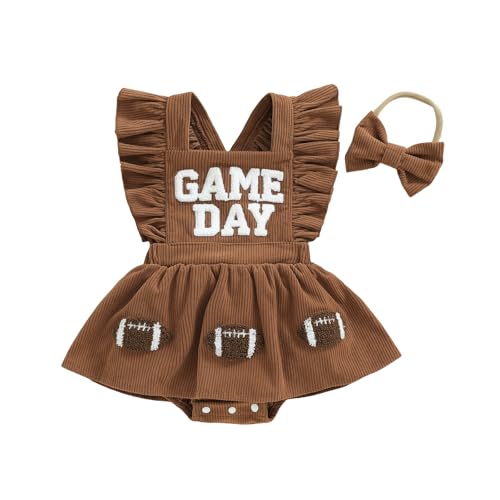 SAYOO Football Baby Boy Girl Outfit Embroidery Game Day Rugby Suspender Romper Overall Sleeveless Corduroy Sport Bodysuit (Khaki 12-18 Months)