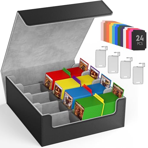 Trading Card Storage Box 3200+ MTG Card Storage 4 Row TCG Card Organizer Box with 24 Colorful Dividers and 4 Stands Bulk PKM Storage Deck Case Holder Fits for YuGiOh Game Cards (Black & Gray)