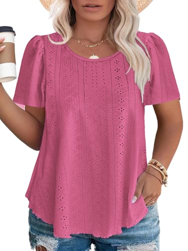 ROSRISS Plus-Size Tops for Women Summer Trendy Eyelet Puff Short Sleeve T Shirts Casual Crewneck Solid Color Tunics XL-5XL